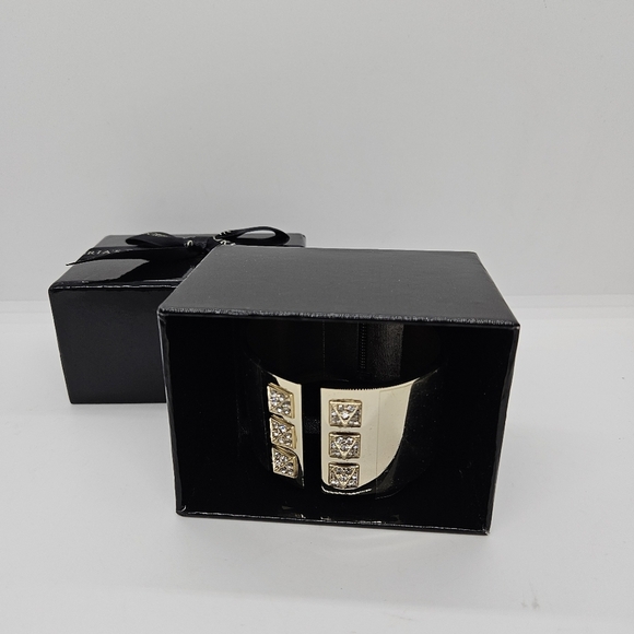 NIB Victoria's Secret Scandalous gold tone hinged cuff with rhinestone pyramids - Picture 2 of 5